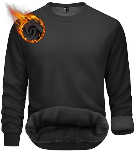 TACVASEN Sweatshirt Herren Ohne Kapuze Warme Fleece Pullover Langarmshirt Gefüttert Baumwolle Pulli Männer (M, Schwarz)