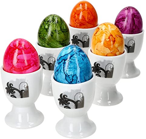 Van Well Black Flower 6er Set Eierbecher I 6 Personen I Pflanzen-Dekor schwarz I weiße Porzellan-Eierhalter, Eierständer, Egg Cup I Oster-Eier, Oster-Frühstück I Becher fürs Frühstücksei I Easter Egg