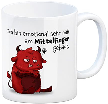 Freches Monster in hellrot Kaffeebecher mit lustigem Spruch Ich bin emotional sehr nah am Mittelfinger gebaut. Tasse Kollegen Freunde und Kinder im Büro oder Zuhause