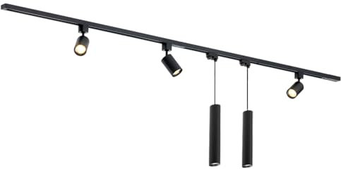 Focus III railverlichting 3 spots en 2 lámparas colgantes zwart – 200 cm – I-vorm
