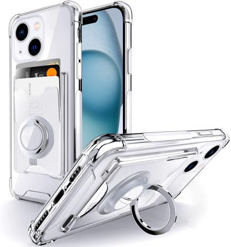SHIELDS UP Designed for iPhone 15 Case, Wallet Minimalist Case with Ring Kickstand and Card Holder, Transparent Slim Shockproof TPU Bumper Cover for iPhone 15 6.1''- Clear