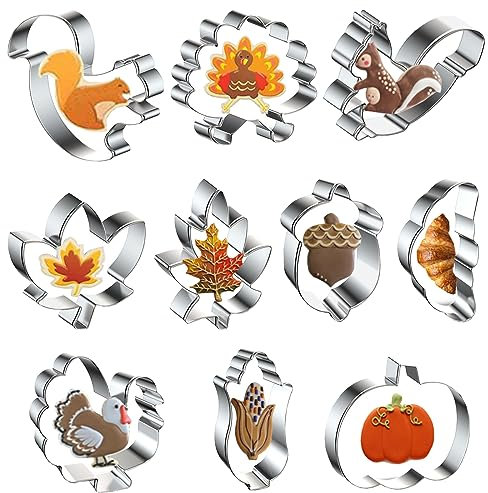 10 Stück Herbst Ausstechformen Set, Plätzchen Ausstecher Edelstahl Fondant Erntedankfest Keksausstecher Kürbis Truthahn Ahornblatt Eichhörnchen Eichenblatt Thanksgiving Cookie Cutter (Herbst)
