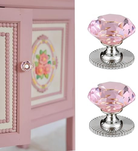 Elistonie Crystal Self Adhesive Knobs for Mirror Cabinet, Dresser Drawer & Cupboard - 40mm Diamond Shaped Glass Knobs (2, Pink & Silver)