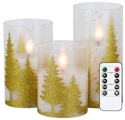 DRomance Candele in vetro senza fiamma a forma di albero di Natale, senza fiamma, con timer a batteria, a batteria, stoppino 3D, a LED, tremolanti, decorazione natalizia per le vacanze (oro, 7,6 x