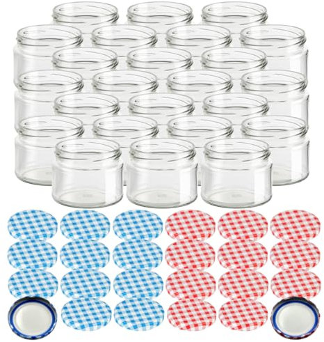 gouveo 24er Set Einmachgläser 300 ml rund mit BlueSeal Schraub-Deckel in karoblau und karorot - Leere Vorratsgläser mit TO Ø 82 mm - Salsaglas