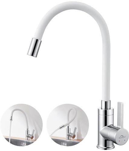 Robinet Cuisine Flexible, Auralum Mitigeur Cuisine Blanc Pivotant à 360°, Mitigeur d'évier avec Tuyau en Silicone Flexible, Robinetterie de Cuisine avec Sortie d'Eau Haute
