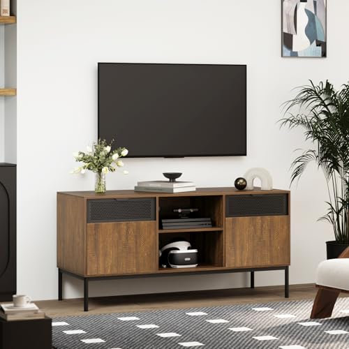 Mondeer Meuble TV, Support Télé pour Téléviseur Jusqu’à 50 Pouces avec 2 Portes et Étagères Réglables, pour Salon Chambre, Industriel, L108 x H52.5 x P40 cm, Marron Rustique et Noir