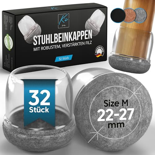 Stuhlbeinkappen Rund, 32 Stück, Filzgleiter für Stühle, Ø20-30mm, Schutzkappen für Stuhlbeine, Stuhlbeinschoner, Bodenschoner für Stühle mit Filz, Gleiter für Stühle, Gleiter Transparent