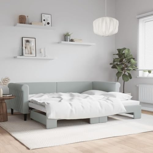 DJEKA Tagesbett Ausziehbar 90x200 cm Jugendbett Mit Ausziehbett Hellgrau-20 Aus Holz Tagesbettgestell Sofabett Schlafsofa Samt