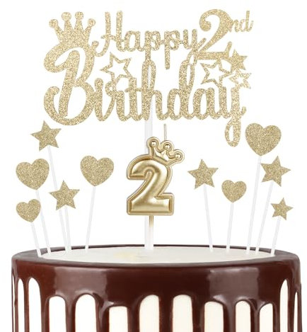 mciskin 2nd Happy Birthday Candles Cake Toppers, Crown Number 2 Candle for Cake, Girls 2nd Birthday Decorations, Cake Candles Cake Topper for Baby Birthday Party Wedding Anniversary (Champagne Gold)