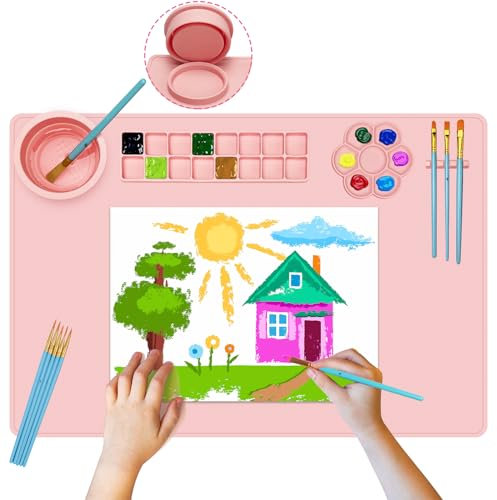 Qoolife Bastelmatte Silikon, 60x40CM Malunterlage für Kinder Abwaschbar mit Bechern und 10 Pinsel Multifunktional Silicone Painting Mat für DIY Handwerk Kinder Malen (Rosa)