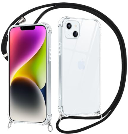 Xylota Coque avec Cordon pour iPhone 14/iPhone 13 6,1, Etui avec Collier Réglable Tour de Cou Lanière Corde Lanyard, Transparente Silicone Souple TPU + PC Case Antichoc Protection Housse Cover, Noir