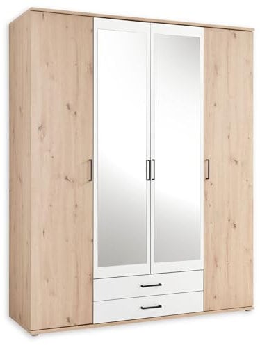 CHICAGO Eleganter Kleiderschrank mit viel Stauraum - Vielseitiger Drehtürenschrank in Artisan Eiche Optik und Absetzungen in Weiß - 159 x 197 x 54 cm (B/H/T)