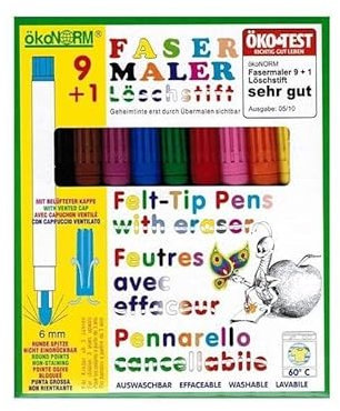 Schachtel mit 9 wasserlöslichen Filzstiften + Radiergummi