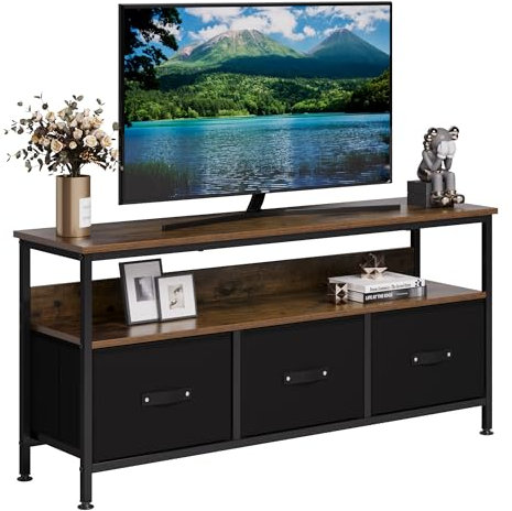 LUNSY Fernsehschrank TV-Kommode aus Holz mit Schubladen und Regalen für Fernseher bis zu 55 Zoll, für Wohnzimmer, Esszimmer und Schlafzimmer, 120x57x30 cm, Stilvolle in Vintage-Braun-Schwarz