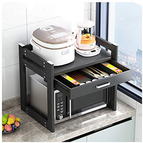 Soporte para estante de microondas, soporte de microondas elevable de acero inoxidable negro, soporte para estante de horno, soporte para estante de cocina con cajones, estantes organizadores de