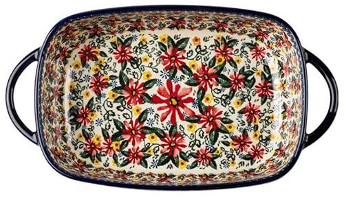 Grand plat de cuisson bohème en céramique avec double poignée, moule rectangulaire à lasagnes, plat de cuisson vintage en porcelaine pour cuisine, dîner, passe au micro-ondes, 33,6 x 19 x 7,1 cm A
