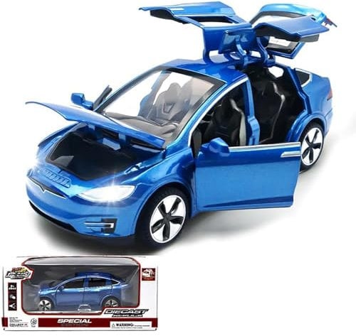 TOPRON Modellauto Tesla Model X 1:32 Maßstab,Druckguss-Legierung Elektronisches Spielzeug mit Rückziehfunktion, mit Lichtern und Musik, Mini-Fahrzeugspielzeug als Geschenk für Kinder(Blau)