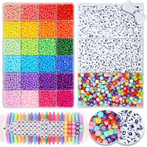 MiuCo 4mm Perlen Set für Armbänder Selber Machen, Bunte Glasperlen zum Auffädeln, A-Z Buchstabenperlen mit Gummiband für Freundschaftsarmbänder Schmuckherstellung Halsketten für Geschenke Weihnachten