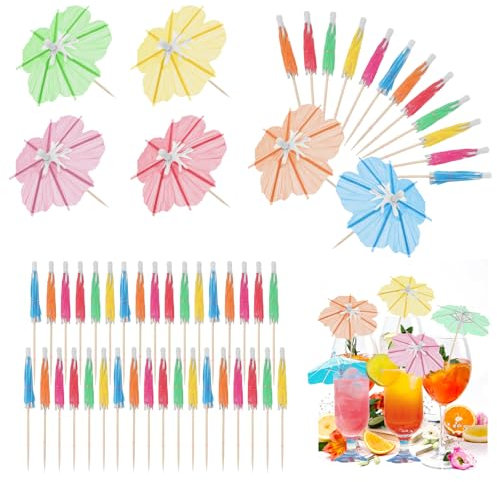 Lot de 50 mini parapluies à cocktail en papier de couleur tropicale pour boissons, pics à cocktail, parapluies en papier de couleur tropicale pour la plage hawaïenne, les vacances et les vacances