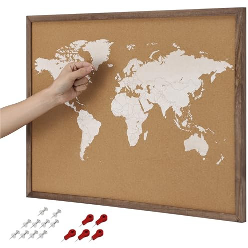 Navaris Kork Pinwand Memoboard Tafel - 70x50cm Pin Board Korkwand mit Holz Rahmen Stecknadeln Fahnen Montageset - World Map Pinnwand - Memo Korktafel