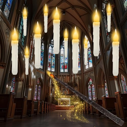 RANJIMA LED Kerze mit Zauberstab Fernbedienung, Flammenlose LED Kerze, 12 Stück Schwimmende Kerzen, Warmes Licht Flackernde Flammenlose Kerze für Halloween Weihnachten Geburtstag Party Deko Karneval