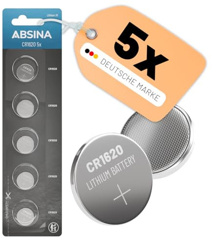 ABSINA 5x CR1620 battery car key 3V lithium - leakproof & long-lasting 1620 battery - 1620 car key batteries for watches & more