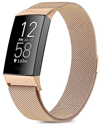 Amzpas Stainless Steel Mesh Wristband with Magnet Clasp for Fitbit Charge 4 / Fitbit Charge 3, Milanese Style, Rose Gold, Small