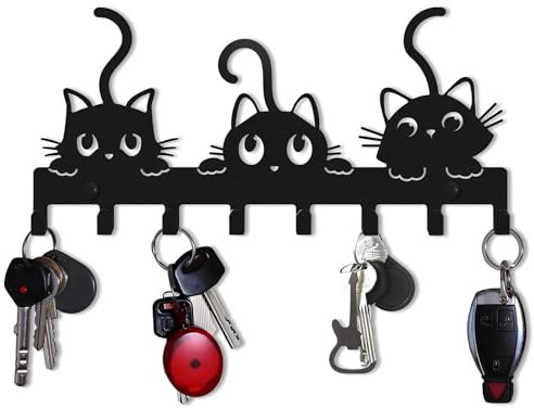 Pyuyan Porte Clés Mural, Noir Porte Clés Décoration Murale, Crochet à Clés Murale Chat, Crochet à Clé pour Chat, Crochet à Clés en Forme de Chat Mignon, pour Manteau, Casquette, Clés