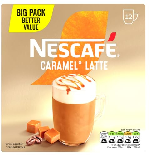 Nescafé Caramel Latte Sachets 12 x 17g | Pack of 1 | 70 calories per mug; low fat when prepared; no artificial flavours; suitable for vegetarians