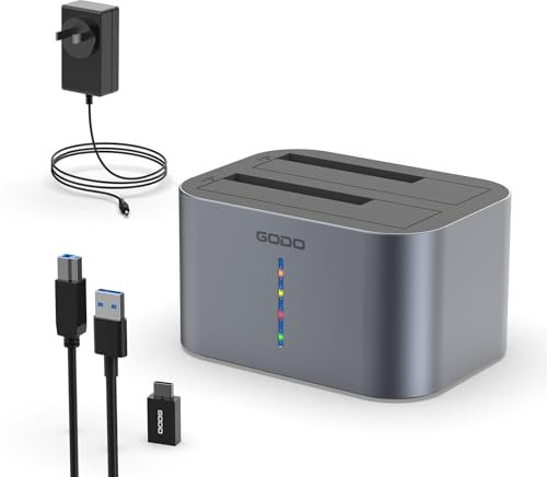 GODO USB 3.0 to SATA I/II/III RGB Dual Bay Aluminum Hard Drive Dock for 2.5 SATA HDD SSD External Hard Drive, Support UASP, 2 x 16TB + 2 USB 3.0 Ports