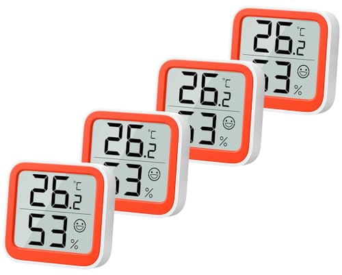 NOKLEAD Mini Higrómetro Termómetro Digital Interior 4 Unidades | Monitores de temperatura y humedad con icono de cara, indicador de confort y diseño compacto naranja para hogar
