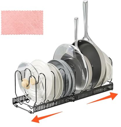 DYUEE Expandable Pan Organiser Rack for Cupboard with 10 Dividers Expandable Pot Lid Rack, Adjustable Pans Organiser witn Compartments, Chopping Board Holder, with Cleaning Cloth, Black