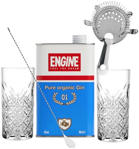 Set Cocktail Premium con 2 Bicchieri Tumbler in Vetro, 30cl, per Gin (Gin Engine 50cl, + 1 Bicchiere)