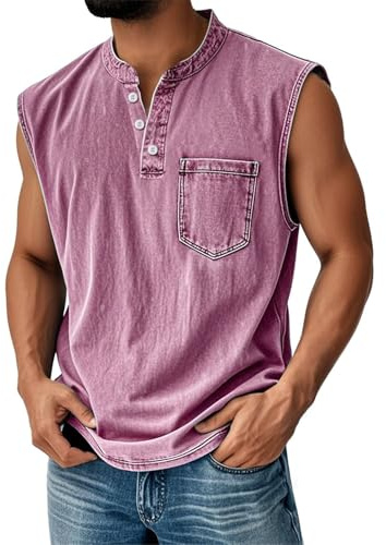 Tank Tops Herren Muskelshirt Knopfleiste V Ausschnitt Sport Tshirts Sommer Ärmellos Unterhemden Atmungsaktiv Muscle Shirts Gym Funktionsshirt Achselshirts Casual Strand Top mit Tasche(#A Pink,XL)