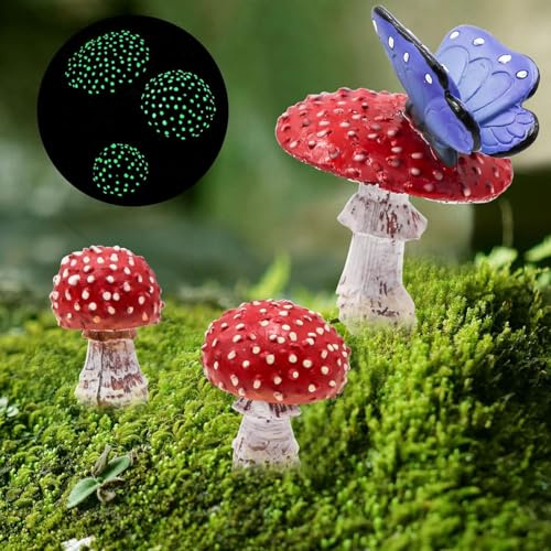 Satz von 3 im Dunkeln leuchtenden roten Pilz dekorative Statue, Design rustikale Topfpflanze nach Hause Modellierung, Outdoor-Statue, rote Kappe Pilz für Mikro Landschaft Garten Dekorationen Ornamente