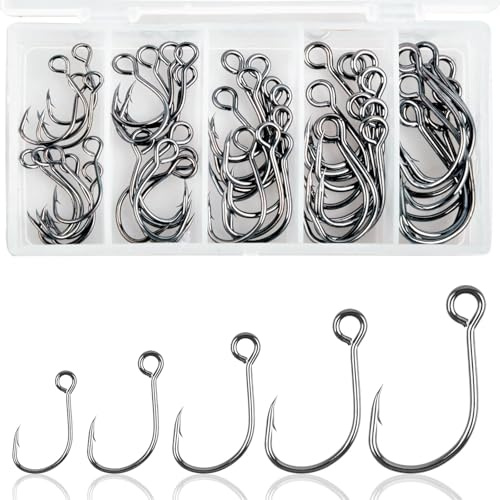 Inline Single Hooks Kit, 50pcs Replacement Large Eye Single Hooks for Spoon Spinner Lure Baits High Carbon Steel Inline Circle Hooks Saltwater Freshwater