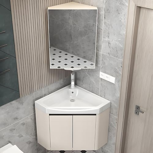 Meuble de salle de bain d'angle suspendu avec lavabo en céramique et miroir, ensemble combiné pour petits espaces(Beige,48cm/18.8in)