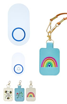 Classroom Doorbell Together with Button Holder for Classroom Management, AC Doorbell with Teacher Lanyard Pouch ID Holder, Classroom Teacher Must Haves, Doorbell for Teachers (Blue Rainbow)