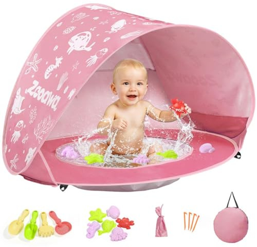 Zooawa Tienda de Playa para Bebés con Mini Piscina y Toldo, Rosa Claro