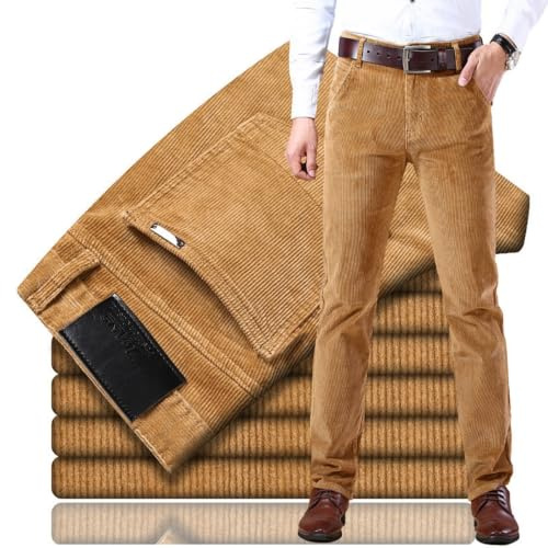 HESYSUAN Herren-Cordhose, klassische Passform, gerade, Stretch, Plissee-Hose, Business-Casual-Baumwolle, knitterfrei, schmale Passform