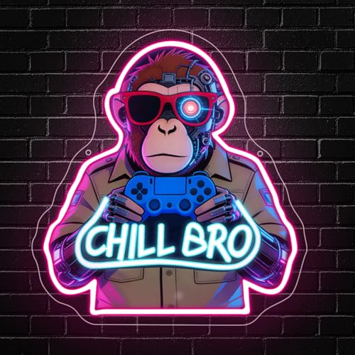 RuCvixkt Chill Bro Neon Sign for Wall Decor, Gaming Led Signs for Game Room Playroom Birthday Man Cave Decorations, Great Gamer Gift for Men Gamers Teenagers Boys
