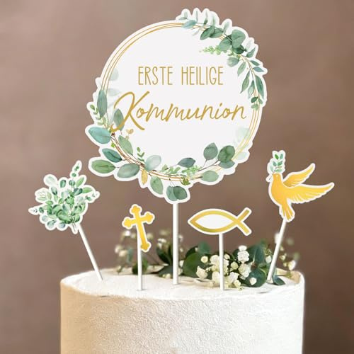 Erste Heilige Kommunion Tortendeko, 9er Set Cake Topper Kommunion aus Papier, Fisch Eukalyptus Kreuz Taube, Kommunion Deko für Torte, Cupcakes, Muffin & Tischdeko, für Jungen und Mädchen