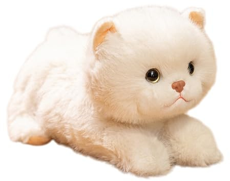 JORCEDI Katze Kuscheltier, Britisch Kurzhaar, Realistische Liegende Katze Plüschtier, Weiches Flauschiges Puppe, Stofftier für Kinder & Erwachsene - 34 cm (Weiß)