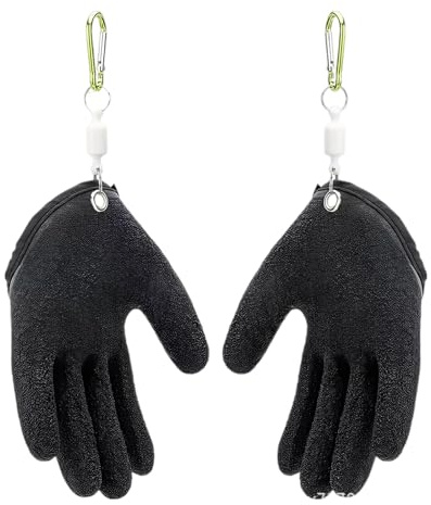 Texvora 2 Stk. Fischfang-Handschuhe, schnittfeste Latexhandschuhe für die Fischreinigung, mit starkem Befestigungshaken, rutschfest, durchstichfest, wasserdicht, 19 cm für Köder- und Meeresangeln