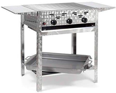 Gasgrill-Kombibräter 11kW 3-flammiger Edelstahl-Brenner Standmodell mit Grillrost, Stahlpfanne und Abstellplatten Gastrobräter Profigrill Verein