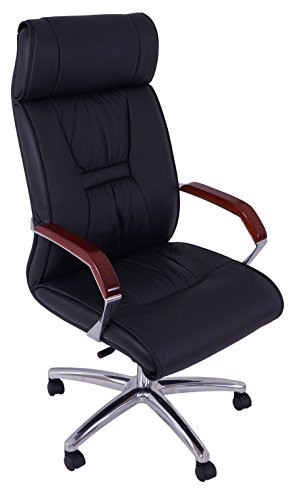 Vintage Line Bürosessel Denver Holzarmlehnen Echtleder schwarz Büro Stuhl Drehstuhl