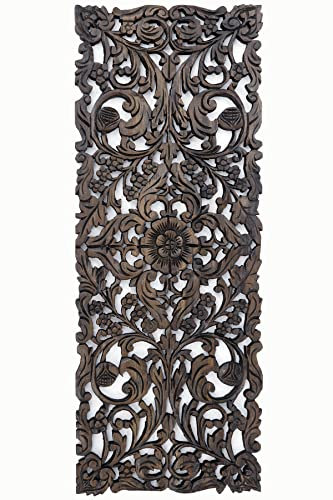 Large Carved Wood Floral Wall Panel. Tropical Asian Home Decor in Dark Brown Finish, Size 35.5x13.5