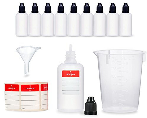 Octopus 10 x 50 ml Plastikflaschen mit Trichter + Messbecher + Etiketten, LDPE Plastikflaschen, Dosierflaschen, Tropfflaschen bzw. Quetschflaschen + schwarze Deckel