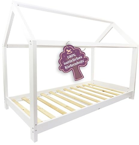Puckdaddy Finn | Hausbett 200x90 cm | Kinder-Bett aus Holz in Weiß | Bettrahmen im Hausbett-Design | Rolllattenrost | Hochwertiges Kinderzimmer & Jugendbett | für Kinder von 3-16 Jahren